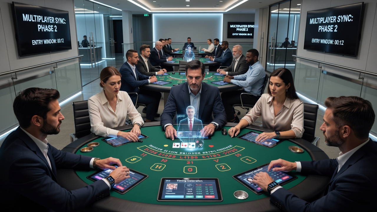 Darstellung hybrider Blackjack-Tische mit mehreren Spielern und Timing-Analysen in einer Casino-Umgebung