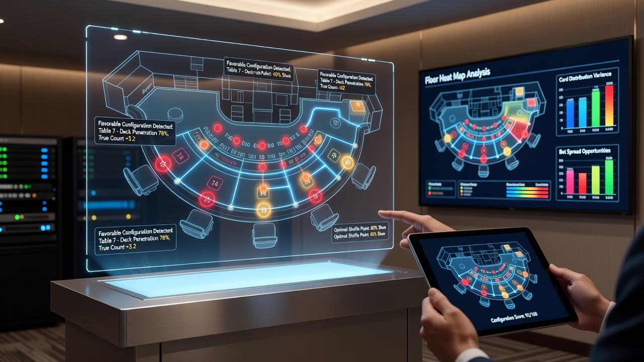 Detaillierte Ansicht einer digitalen Casino-Bodenkarte mit farbcodierten Blackjack-Tischen und Analyse-Markierungen