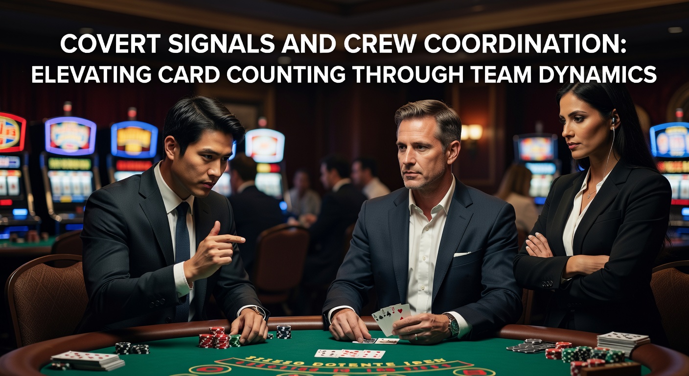 Team von Spielern am Blackjack-Tisch, die diskret Signale austauschen, während der Dealer Karten verteilt