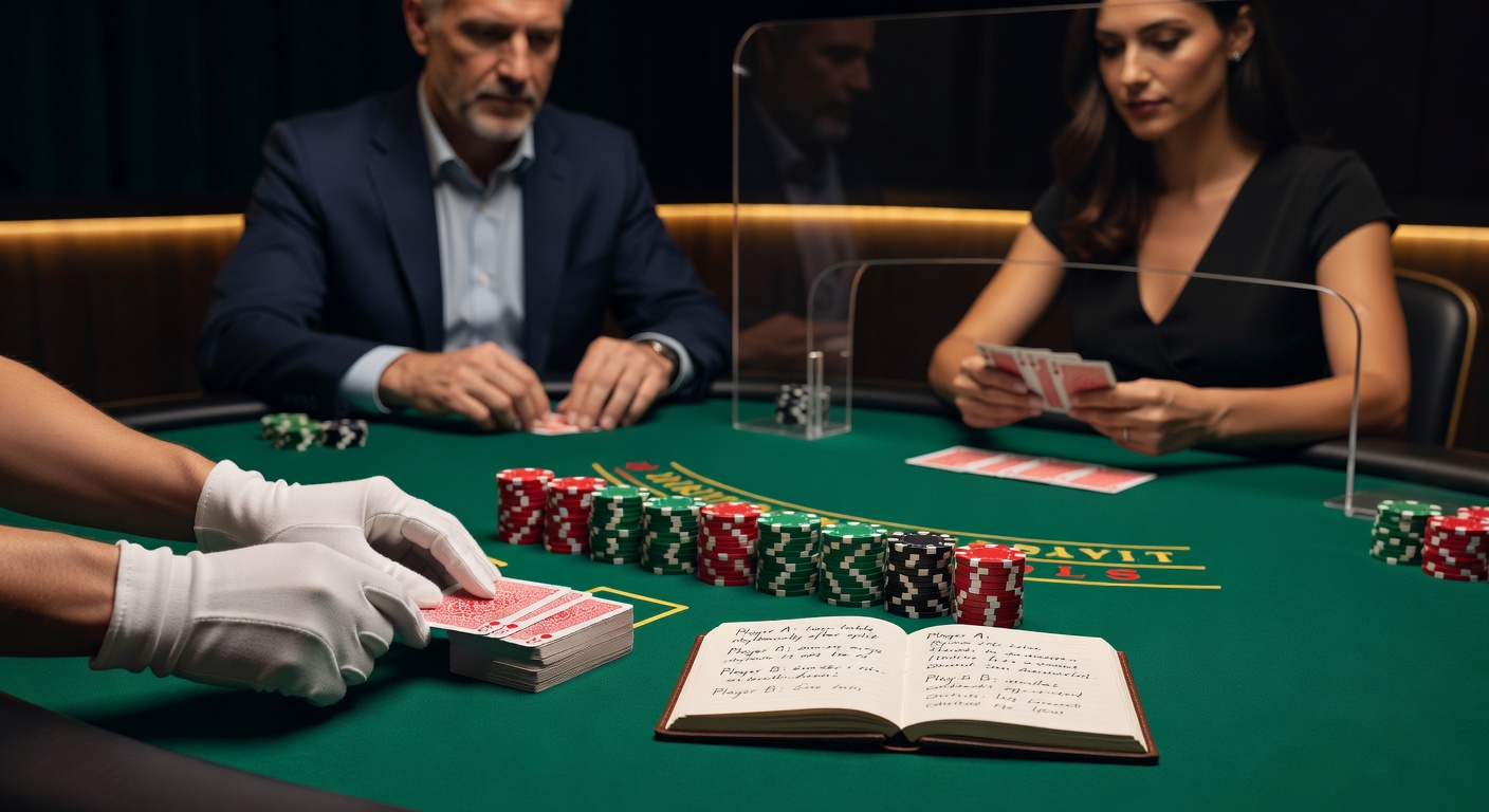 Nahaufnahme eines Croupiers-Hands beim Teilen von Karten, mit Spieler-Chips im Vordergrund und angespannten Gesichtern am Tisch