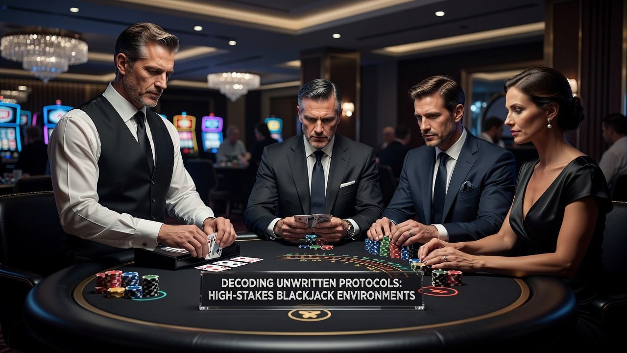 Detailaufnahme eines Blackjack-Tisches mit unauffälligen Spielerpositionen und Chip-Stapeln in einer luxuriösen Umgebung