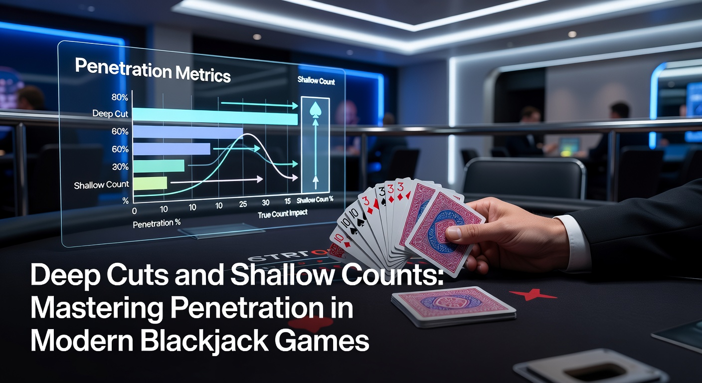Ein Blackjack-Tisch mit Shoe und Dealer, der Karten verteilt, illustriert die Position des Cuts im Deck