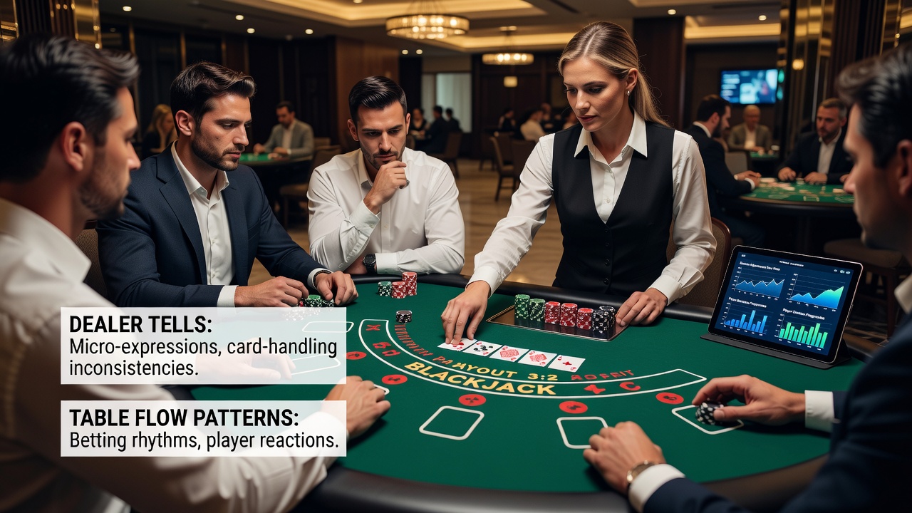 Multiplayer-Blackjack-Tisch mit Fokus auf Flussmustern und Spielerpositionen während einer laufenden Runde