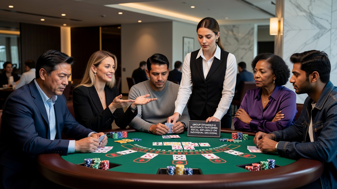 Detailaufnahme eines Blackjack-Tisches mit mehreren Spielern und Croupier während einer Runde mit sichtbaren Interaktionen