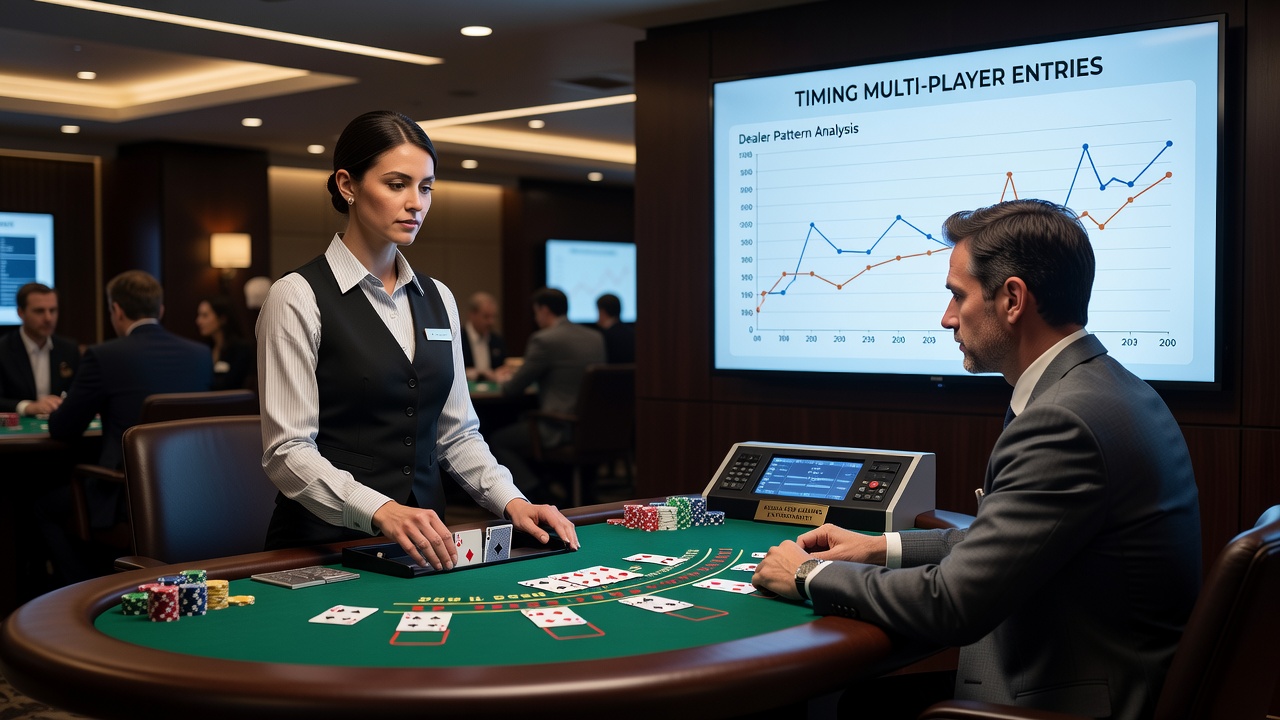 Detailaufnahme eines Blackjack-Tisches mit mehreren Spielern und sichtbaren Croupier-Handbewegungen